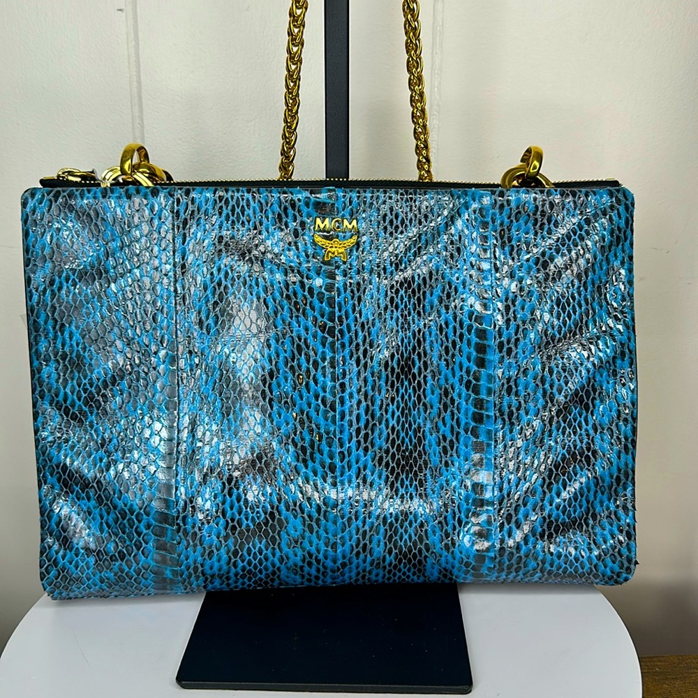 MCM Blue Snake-Embossed Leather Shoulder Bag with Gold Hardware
